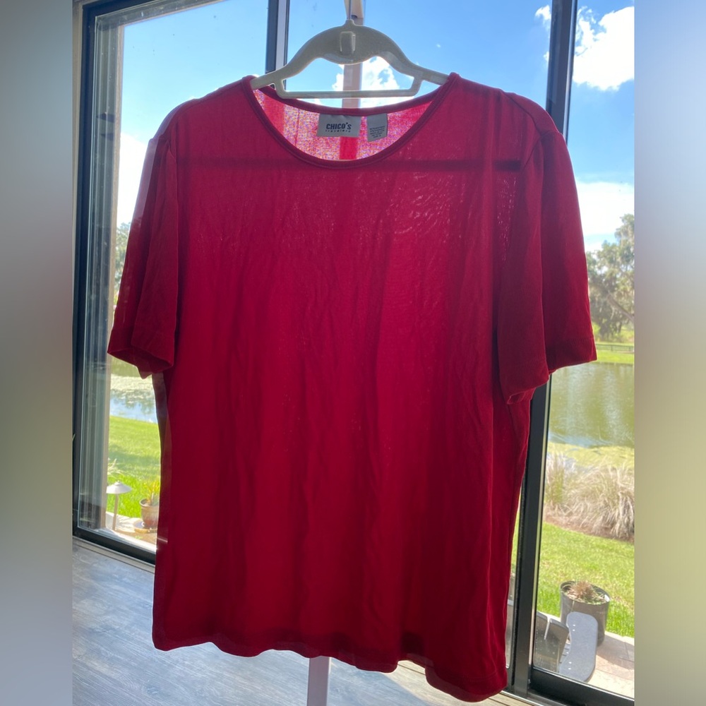 Chico’s Travelers Red Short Sleeve Tee Top, 3/16/XL